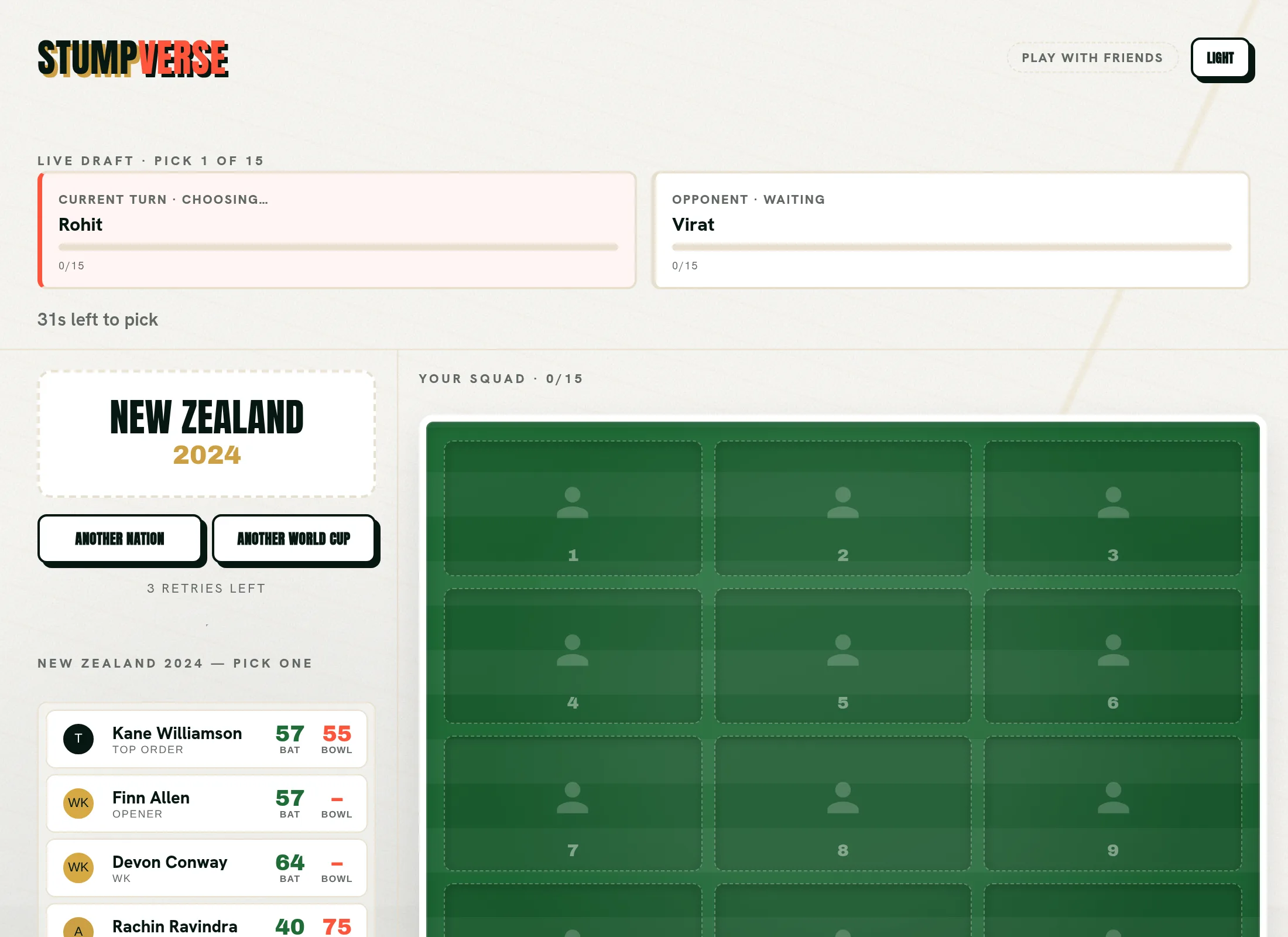 StumpVerse live multiplayer draft: a rolled nation and World Cup year with that squad's players listed to pick from, both players' turn status shown at the top, and each side's fifteen filling as picks are made.