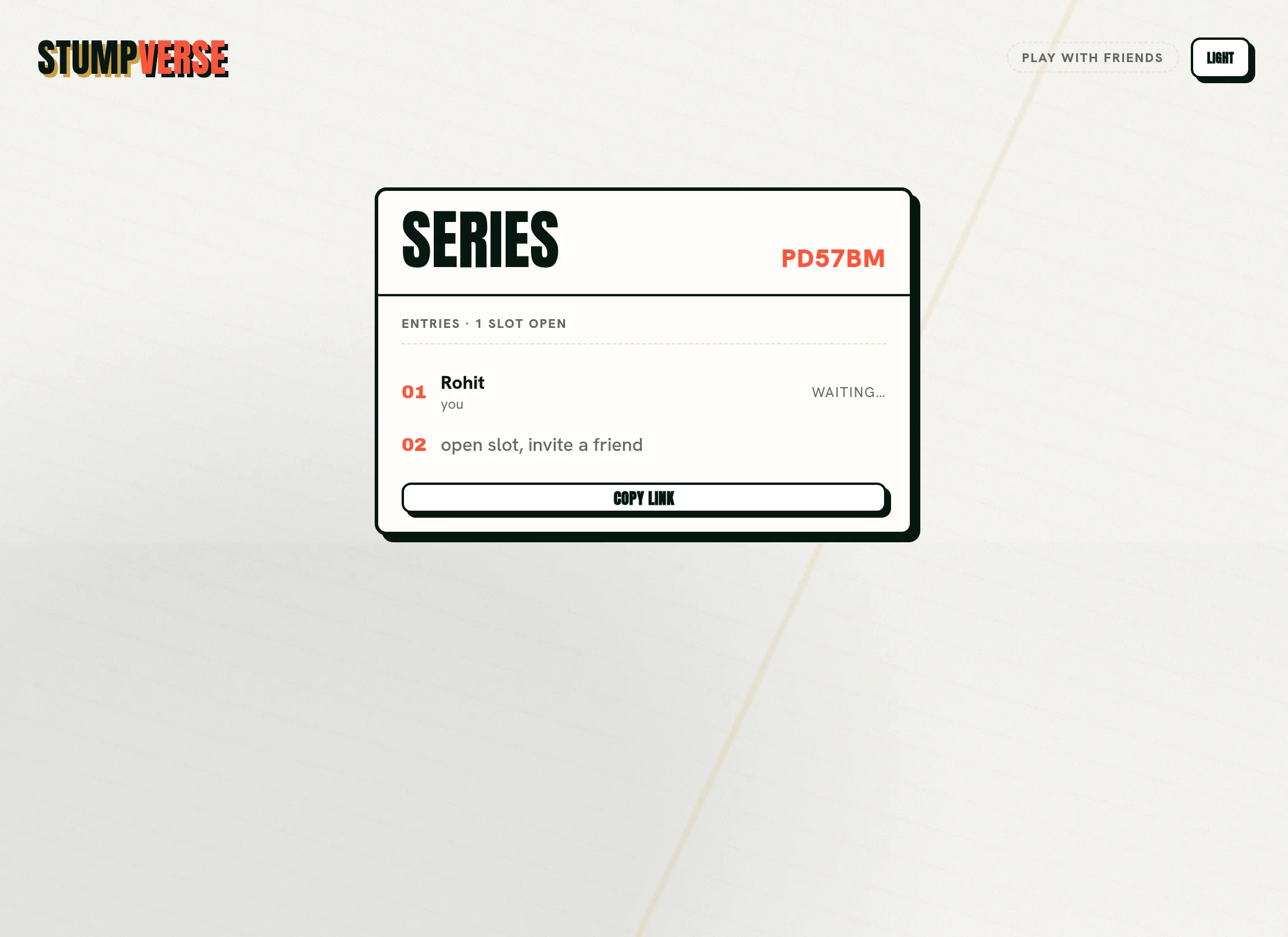 StumpVerse multiplayer invite lobby: the room code is shown at the top, the host occupies slot one, slot two is open for a friend, and a Copy link button shares the invite.